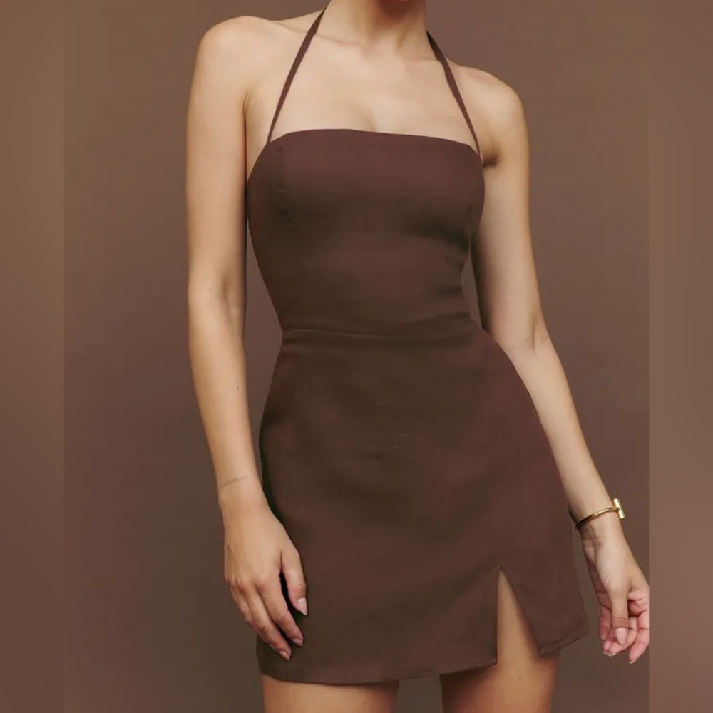 REFORMATION LINDA CAFE BROWN LINEN MINI HALTER DRESS SIZE 4